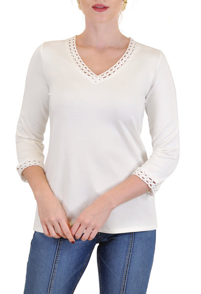 V-NECK QUARTER SLEEVE TOP CROCHET TRIM