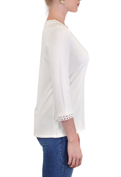 V-NECK QUARTER SLEEVE TOP CROCHET TRIM