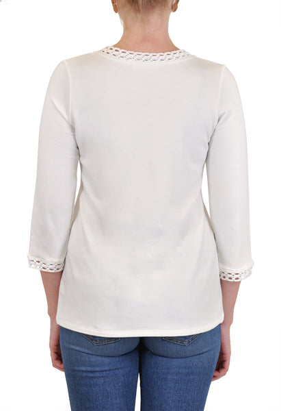 V-NECK QUARTER SLEEVE TOP CROCHET TRIM