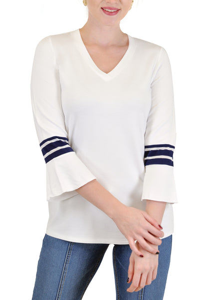 V NECK 3/4 BELL SLEEVE WITH STRIPE ACCENT