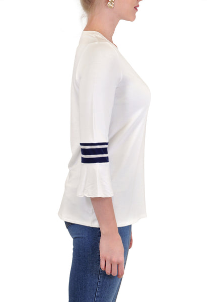 V NECK 3/4 BELL SLEEVE WITH STRIPE ACCENT