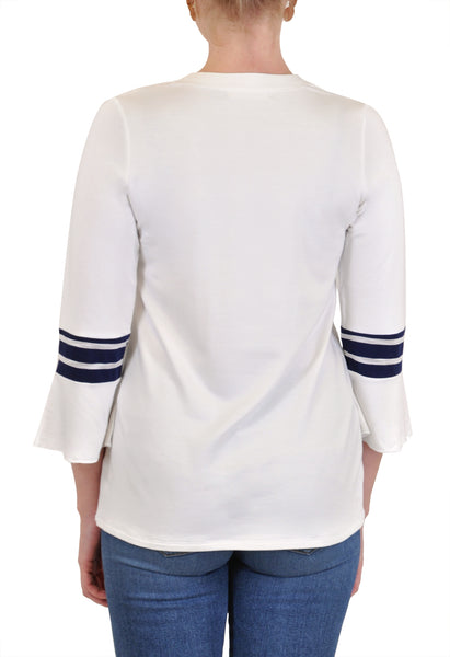 V NECK 3/4 BELL SLEEVE WITH STRIPE ACCENT