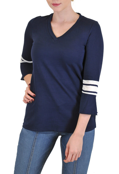 V NECK 3/4 BELL SLEEVE WITH STRIPE ACCENT