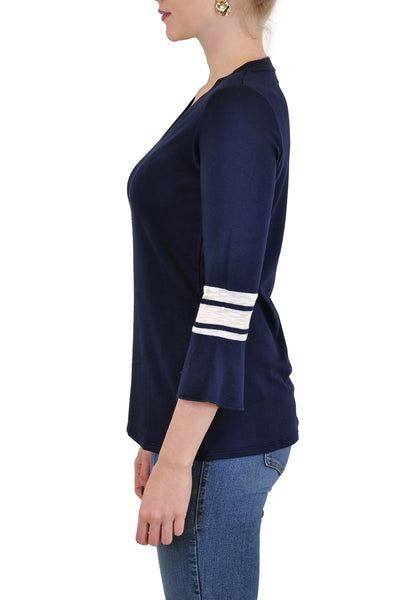 V NECK 3/4 BELL SLEEVE WITH STRIPE ACCENT