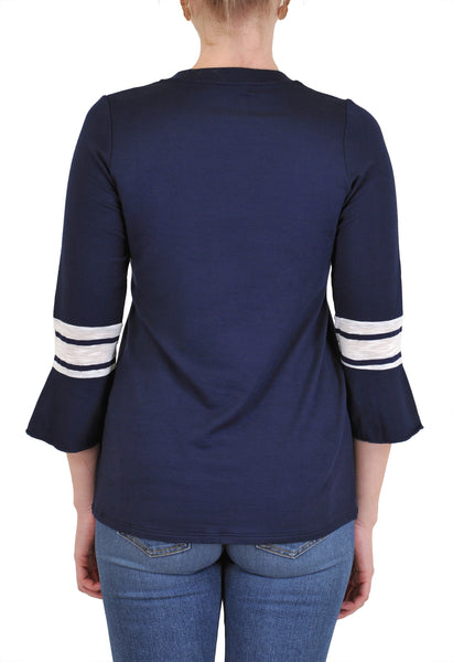 V NECK 3/4 BELL SLEEVE WITH STRIPE ACCENT