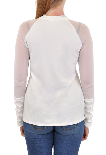LONG SLEEVE V NECK MESH RUFFLE CUFF