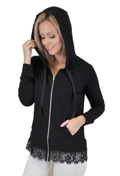 ZIP UP HOODIE WITH LACE ACCENT
