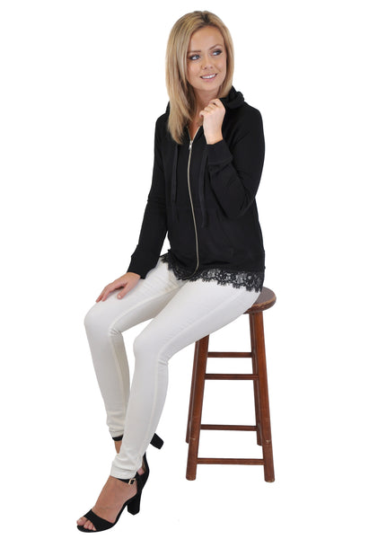 ZIP UP HOODIE WITH LACE ACCENT