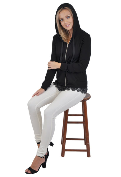 ZIP UP HOODIE WITH LACE ACCENT