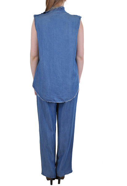 SLEEVELESS RUFFLE FRONT TENCEL SHIRT