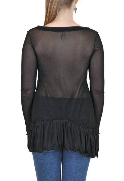 LONG SLEEVE SCOOP MESH TOP WITH RUFFLE BAND