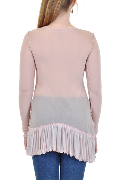 LONG SLEEVE SCOOP MESH TOP WITH RUFFLE BAND