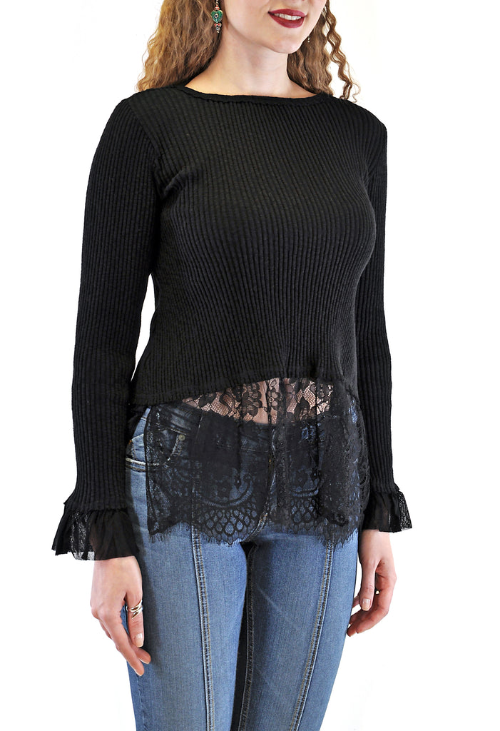 LONG SLEEVE CREW RIB WITH LACE BOTTOM