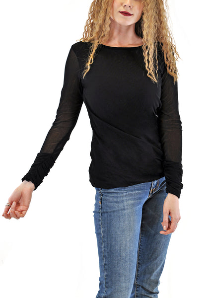L/S MESH TOP SHIRRED CUFF