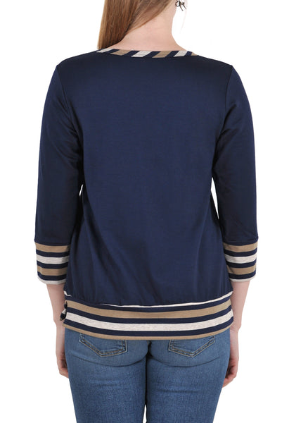 3/4 SLEEVE ROUND NECK TOP WITH STRIPE CONTRAST