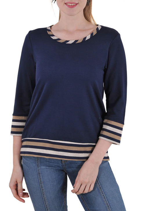 3/4 SLEEVE ROUND NECK TOP WITH STRIPE CONTRAST