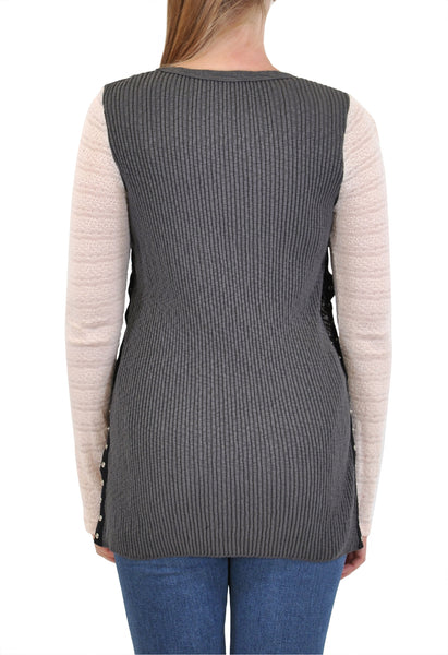 V NECK LONG SLEEVE TOP IN RIB WITH SNAP SIDES