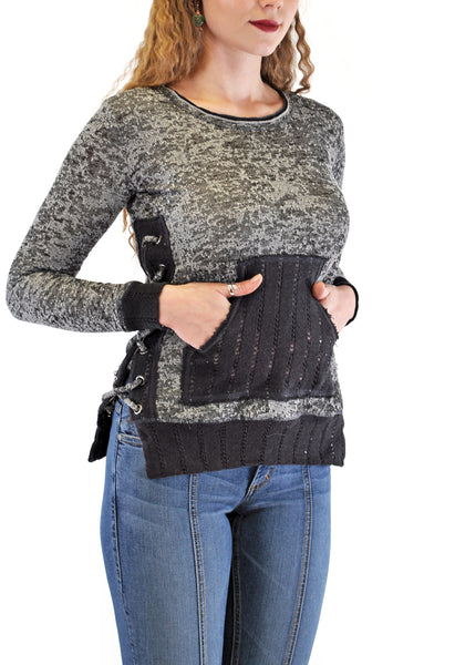 BURN OUT LONG SLEEVE CREW NECK SWEATER WITH LACE-UP SIDES