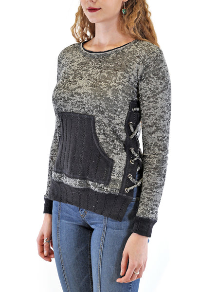 BURN OUT LONG SLEEVE CREW NECK SWEATER WITH LACE-UP SIDES
