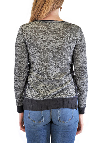 BURN OUT LONG SLEEVE CREW NECK SWEATER WITH LACE-UP SIDES