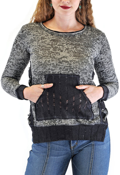 BURN OUT LONG SLEEVE CREW NECK SWEATER WITH LACE-UP SIDES