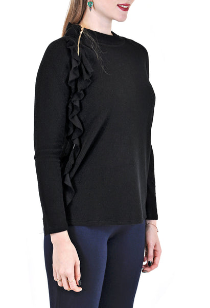 LONG SLEEVE CREW WITH SIDE RUFFLES AND ZIPPER