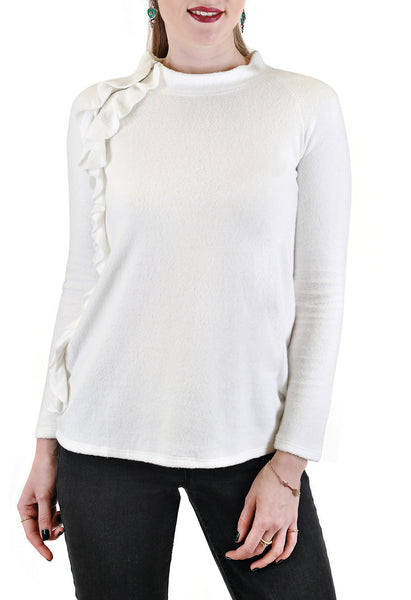 LONG SLEEVE CREW WITH SIDE RUFFLES AND ZIPPER