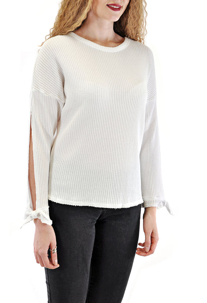 SLEEVE SLIT TOP CREW NECK WITH BOW