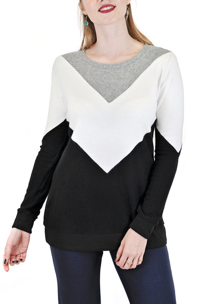 LONG SLEEVE CREW COLOR BLOCK DIAMOND PATTERN DESIGN