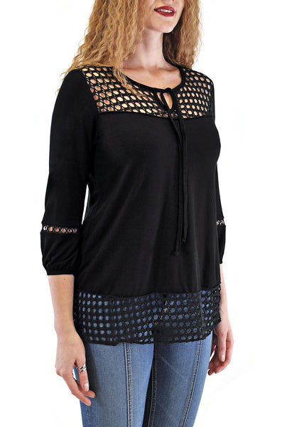 3/4 SLEEVE FRONT TIE CROCHET INSERT