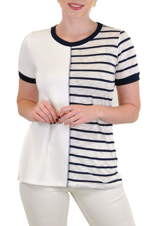 SHORT SLEEVE V NECK BLOCK-STRIPE