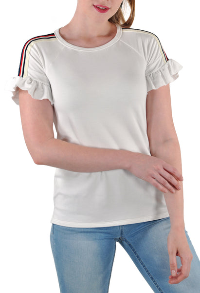 SHORT SLEEVE CREW WITH SHOULDER TAPE AND RUFFLES