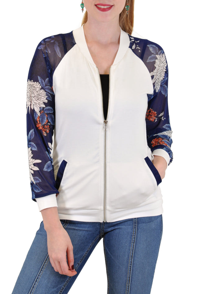 LIGHT BOMBER JACKET FLORAL MESH SLEEVES