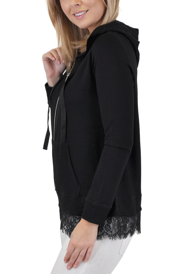 ZIP UP HOODIE WITH LACE ACCENT