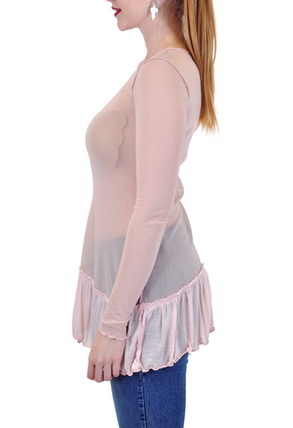 LONG SLEEVE SCOOP MESH TOP WITH RUFFLE BAND