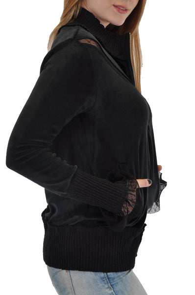 ZIP FRONT JACKET HIGH COLLAR WITH LACE CUFF DESIGN