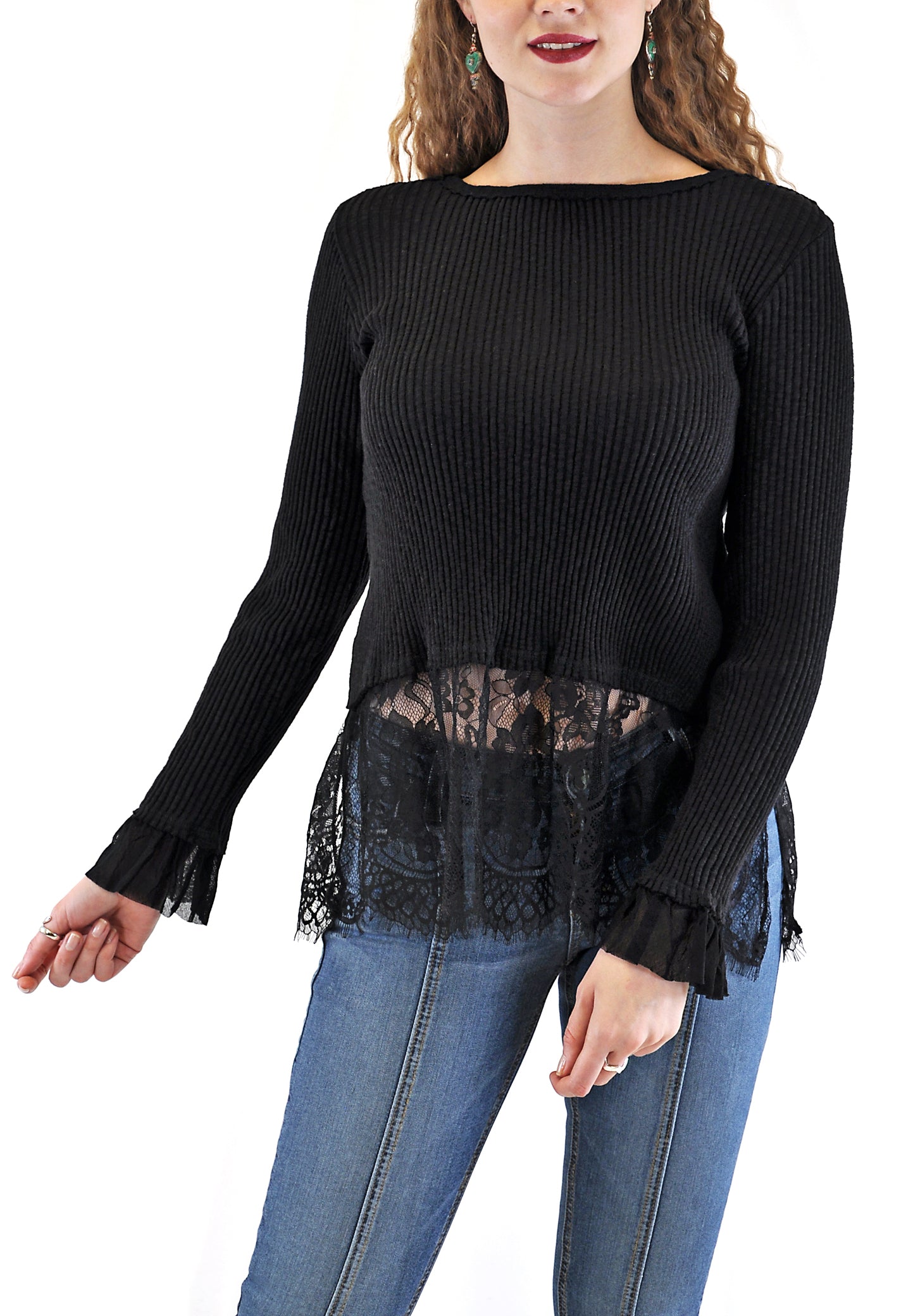 LONG SLEEVE CREW RIB WITH LACE BOTTOM