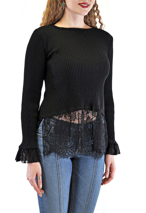 LONG SLEEVE CREW  RIB WITH LACE BOTTOM