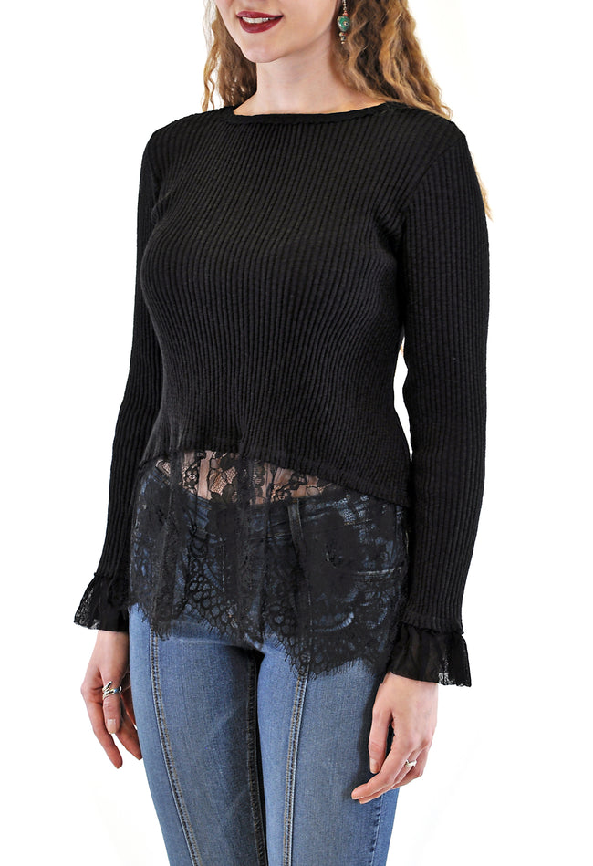 LONG SLEEVE CREW  RIB WITH LACE BOTTOM