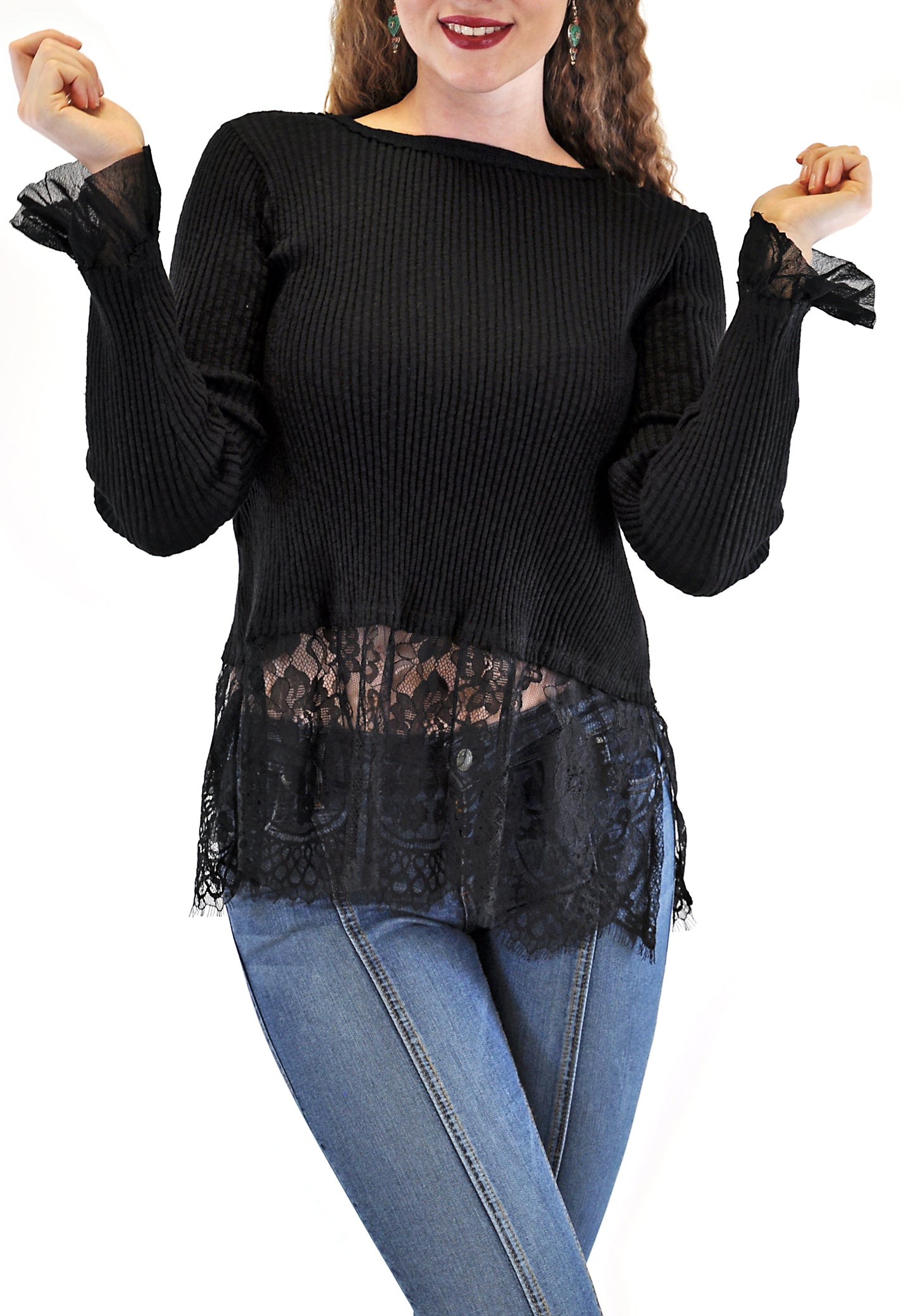 LONG SLEEVE CREW RIB WITH LACE BOTTOM