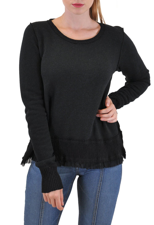 LONG SLEEVE CREW NECK SWEATER LACE TRIM