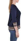 3/4 SLEEVE ROUND NECK TOP WITH STRIPE CONTRAST