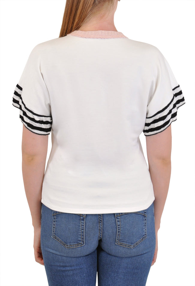 SHORT SLEEVE CREW NECK STRIPE SLEEVE