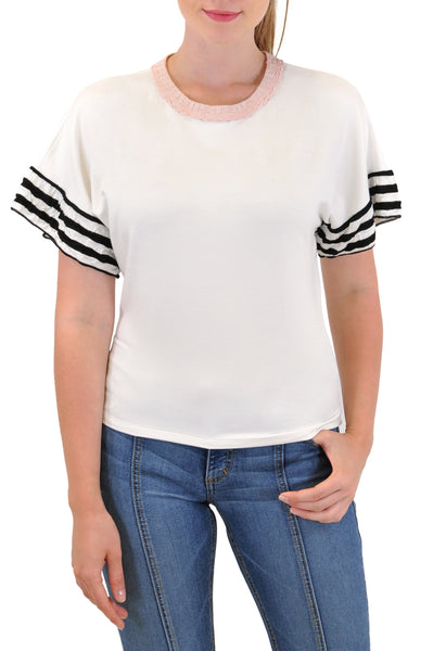 SHORT SLEEVE CREW NECK STRIPE SLEEVE