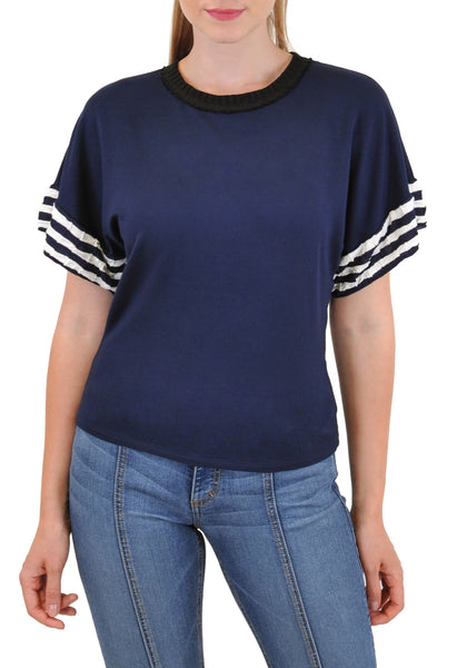 SHORT SLEEVE CREW NECK STRIPE SLEEVE