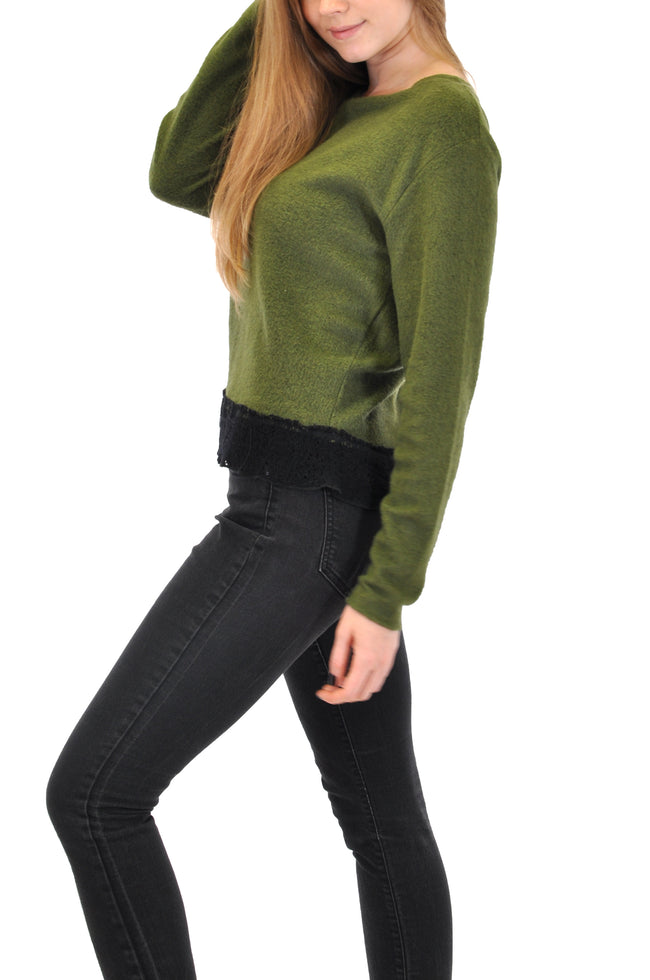 LONG SLEEVE PULL OVER SWEATER WITH LACE TRIM