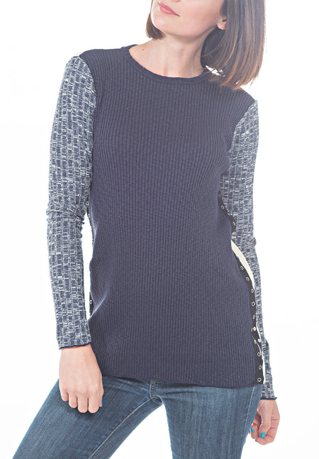 LONG SLEEVE CREW NECK SWEATER LACE TRIMMED