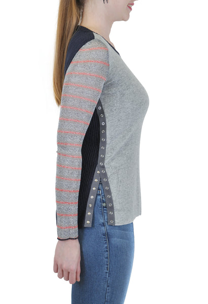 SHERPA SWEATER WITH STRIPE SLEEVES SIDE SNAPS