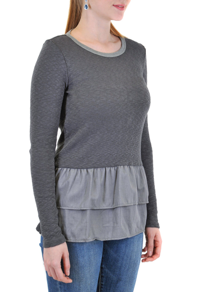 LONG SLEEVE CREW RIB WITH FRONT LAYERS RUFFLE