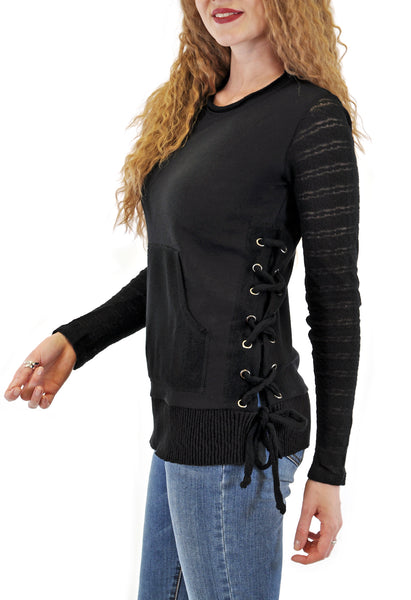 LONG SLEEVE CREW NECK SWEATER WITH LACE-UP SIDES